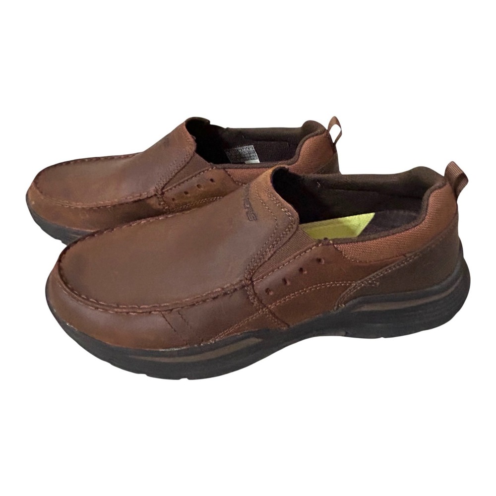 Skechers Expended Seveno 66146 Men 10.5 Brown Leather Slip On Loafers Shoes EUC